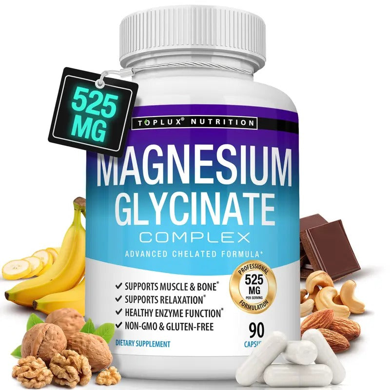 Toplux Magnesium Glycinate 525mg – High Absorption Elemental Magnesium Supplement for Muscle Relaxation, Sleep & Health – 60 Capsules