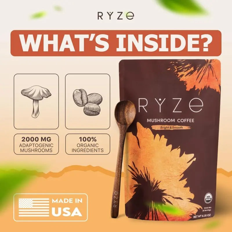 RYZE SUPERFOODS Mushroom Medium Roast Coffee USDA Organic with 6 Adaptogenic Mushrooms, USA Grown Instant Coffee for Better Energy, Focus Digestion Immunity with Lions Mane & Turkey Tail 30 Servings