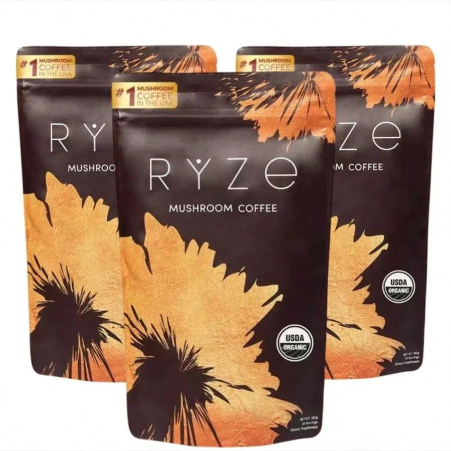 RYZE Mushroom Coffee Starter Kit 3-Pack – USDA Organic Medium Roast Instant Coffee with 6 Adaptogenic Mushrooms & MCT Oil – Energy, Focus & Gut Health – 90 Servings