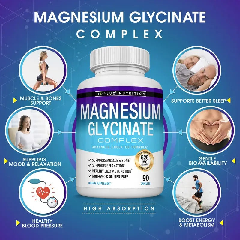 Toplux Magnesium Glycinate 525mg – High Absorption Elemental Magnesium Supplement for Muscle Relaxation, Sleep & Health – 60 Capsules