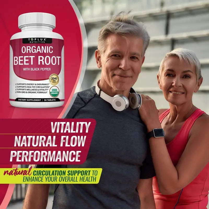 Toplux Organic Beet Root Tablets 2040mg - Nitric Oxide Booster for Heart Health, Energy & Performance - 90 Vegan Tablets
