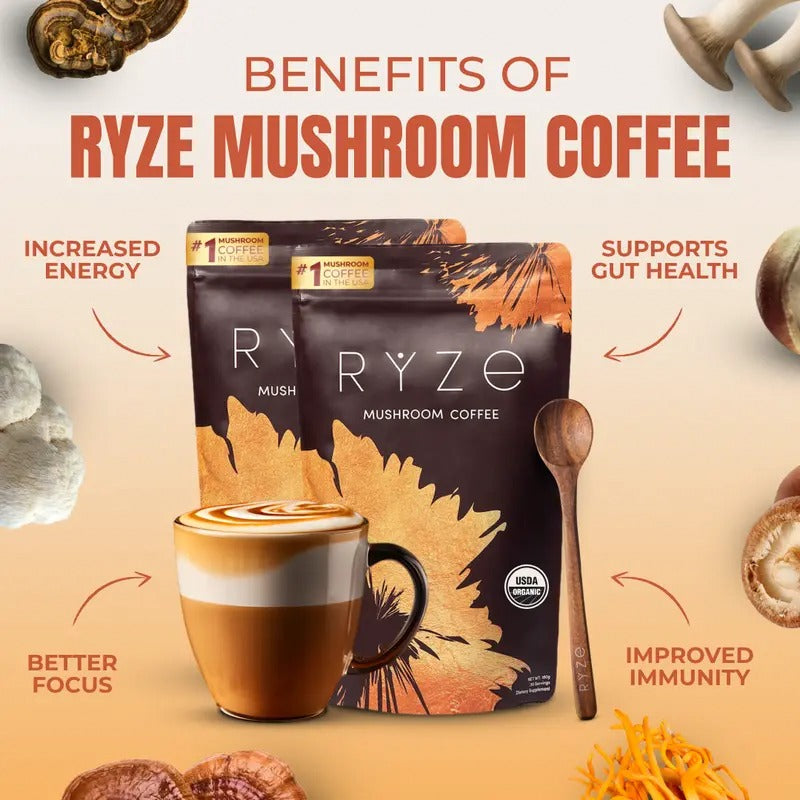 RYZE Mushroom Coffee Starter Kit 3-Pack – USDA Organic Medium Roast Instant Coffee with 6 Adaptogenic Mushrooms & MCT Oil – Energy, Focus & Gut Health – 90 Servings