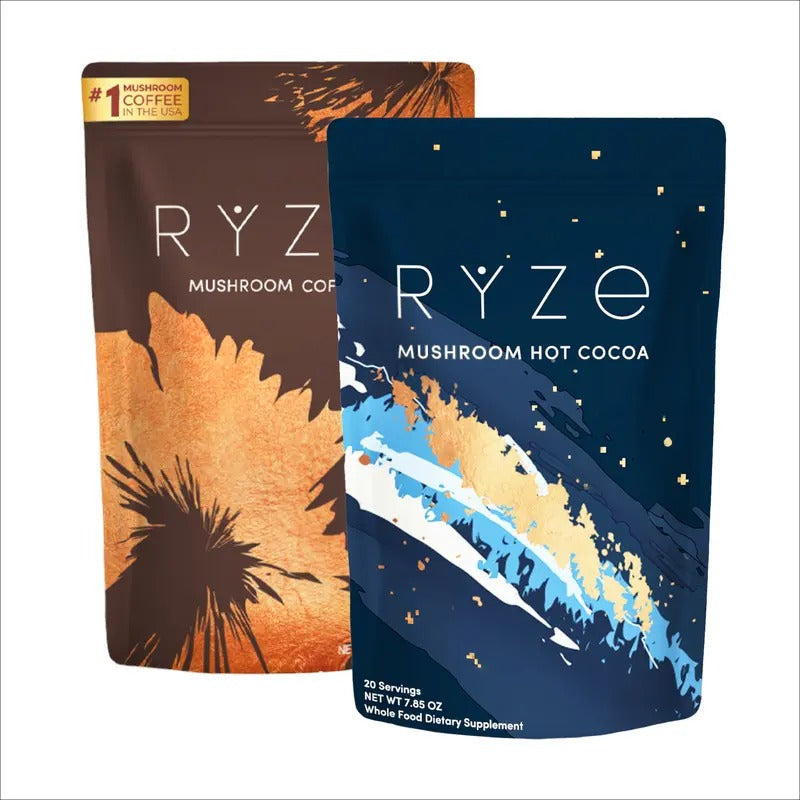 RYZE Day + Night Bundle, Mushroom Coffee + Hot Cocoa, 6 USA Grown Adaptogenic Mushrooms and MCT Oil for Better Energy, Focus, Digestion, Immunity and Sleep, 30 + 20 servings
