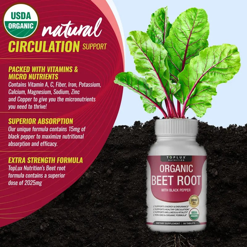 Toplux Organic Beet Root Tablets 2040mg - Nitric Oxide Booster for Heart Health, Energy & Performance - 90 Vegan Tablets