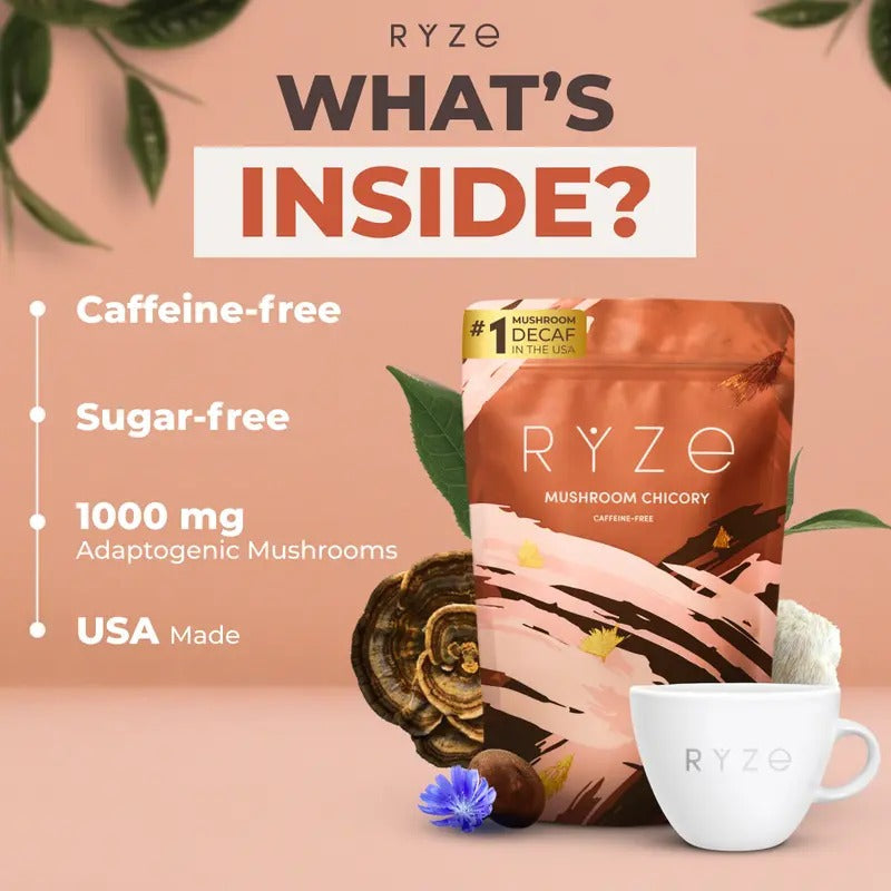 RYZE Mushroom Chicory Coffee – Caffeine-Free Organic Coffee Alternative with 6 Adaptogenic Mushrooms – Keto-Friendly for Energy, Focus & Gut Health – 30 Servings