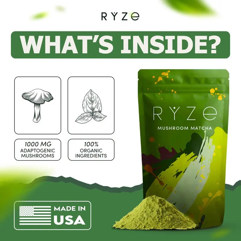 RYZE Mushroom Matcha, USDA Organic with 6 Adaptogenic Mushrooms and Ceremonial-Grade Japanese Matcha for Energy, Focus, Digestion, Immunity with Turkey Tail, Shiitake, Lion's Mane, Reishi, 30 servings