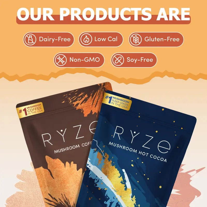 RYZE Day + Night Bundle, Mushroom Coffee + Hot Cocoa, 6 USA Grown Adaptogenic Mushrooms and MCT Oil for Better Energy, Focus, Digestion, Immunity and Sleep, 30 + 20 servings