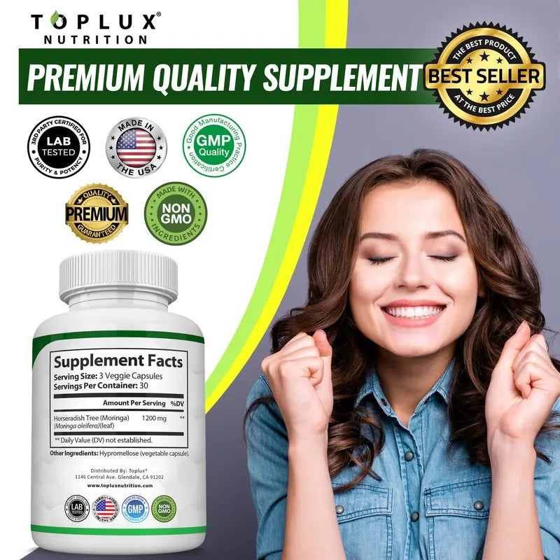Toplux Moringa Capsules 1200mg – Pure Moringa Powder for Immune, Gut Health & Detox – 90 Capsules