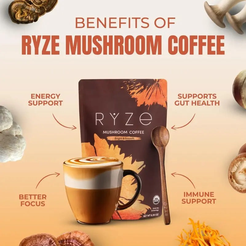 RYZE SUPERFOODS Mushroom Medium Roast Coffee USDA Organic with 6 Adaptogenic Mushrooms, USA Grown Instant Coffee for Better Energy, Focus Digestion Immunity with Lions Mane & Turkey Tail 30 Servings