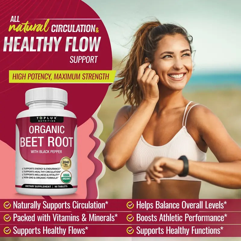 Toplux Organic Beet Root Tablets 2040mg - Nitric Oxide Booster for Heart Health, Energy & Performance - 90 Vegan Tablets