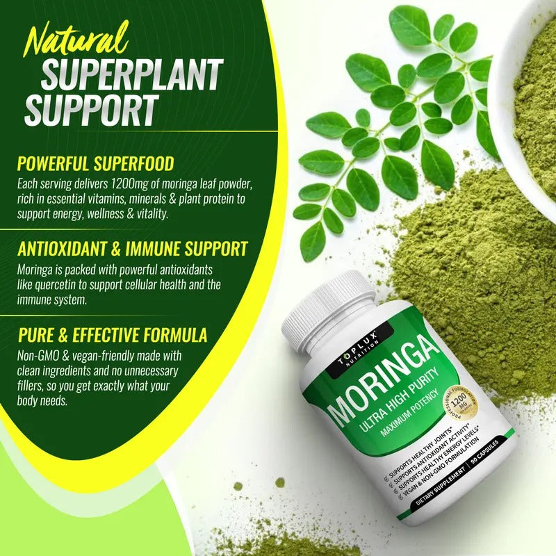 Toplux Moringa Capsules 1200mg – Pure Moringa Powder for Immune, Gut Health & Detox – 90 Capsules