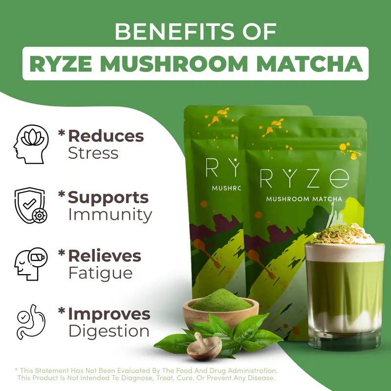 RYZE Mushroom Matcha Starter Kit – USDA Organic, 6 Adaptogenic Mushrooms & Ceremonial-Grade Japanese Matcha | Energy, Focus, Digestion & Immunity, 60 Servings