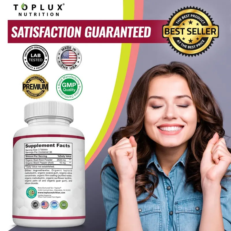 Toplux Organic Beet Root Tablets 2040mg - Nitric Oxide Booster for Heart Health, Energy & Performance - 90 Vegan Tablets