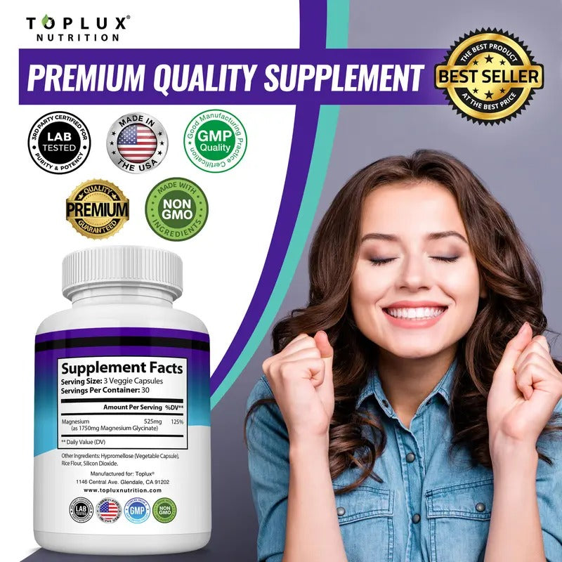 Toplux Magnesium Glycinate 525mg – High Absorption Elemental Magnesium Supplement for Muscle Relaxation, Sleep & Health – 60 Capsules