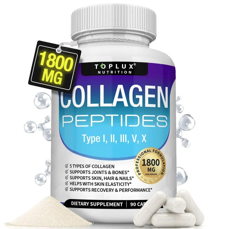Toplux Nutrition Collagen Peptides 1800mg – 5 Types Complex for Skin, Joints, Fitness, & Beauty – 90 Capsules, Made in the USA