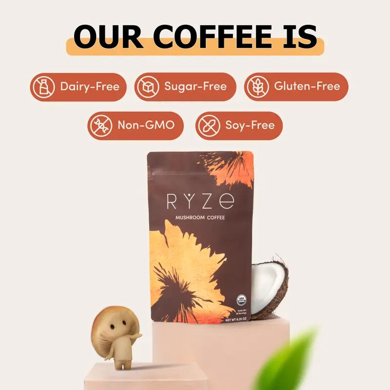 RYZE Mushroom Coffee Starter Kit 3-Pack – USDA Organic Medium Roast Instant Coffee with 6 Adaptogenic Mushrooms & MCT Oil – Energy, Focus & Gut Health – 90 Servings