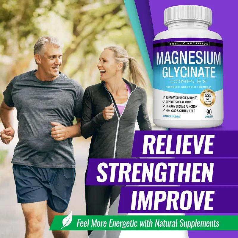 Toplux Magnesium Glycinate 525mg – High Absorption Elemental Magnesium Supplement for Muscle Relaxation, Sleep & Health – 60 Capsules