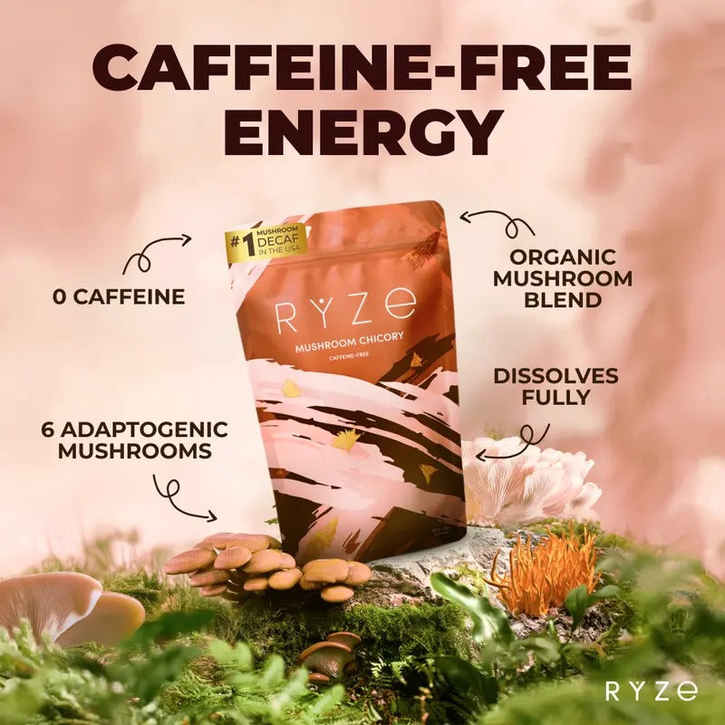 RYZE Mushroom Chicory Coffee – Caffeine-Free Organic Coffee Alternative with 6 Adaptogenic Mushrooms – Keto-Friendly for Energy, Focus & Gut Health – 30 Servings