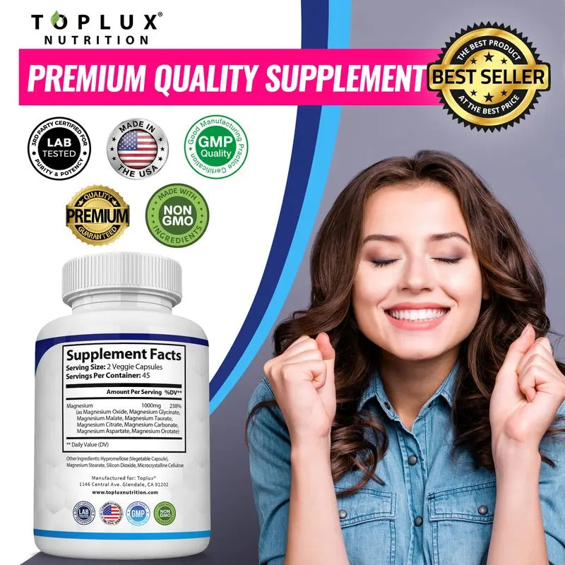 Toplux Magnesium Complex 1000mg – 8 Essential Magnesium Types for Muscle Health, Stress Relief, and Bone Support
