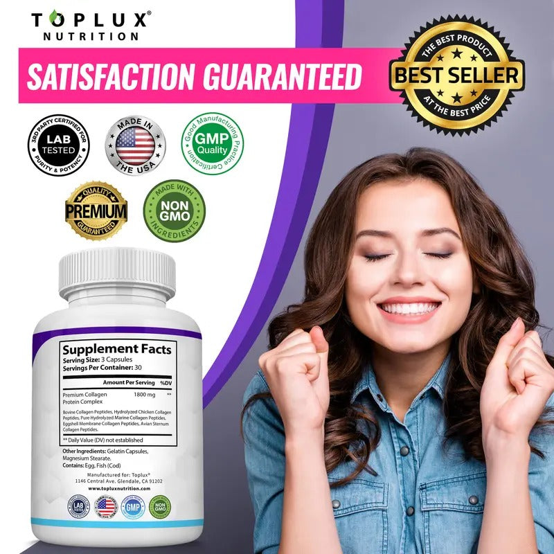 Toplux Nutrition Collagen Peptides 1800mg – 5 Types Complex for Skin, Joints, Fitness, & Beauty – 90 Capsules, Made in the USA