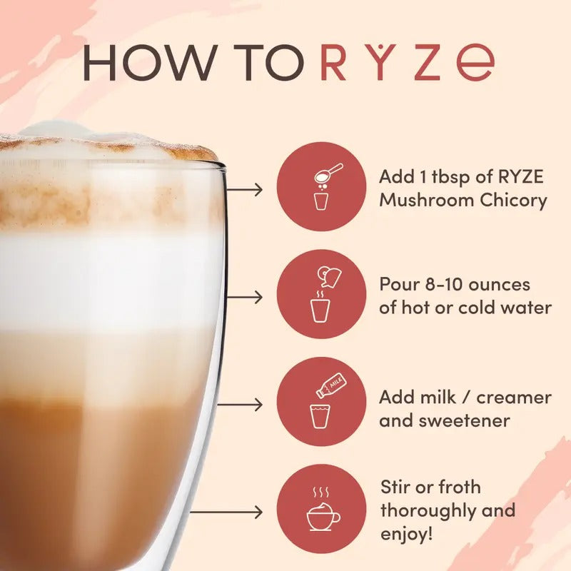 RYZE Mushroom Chicory Coffee – Caffeine-Free Organic Coffee Alternative with 6 Adaptogenic Mushrooms – Keto-Friendly for Energy, Focus & Gut Health – 30 Servings