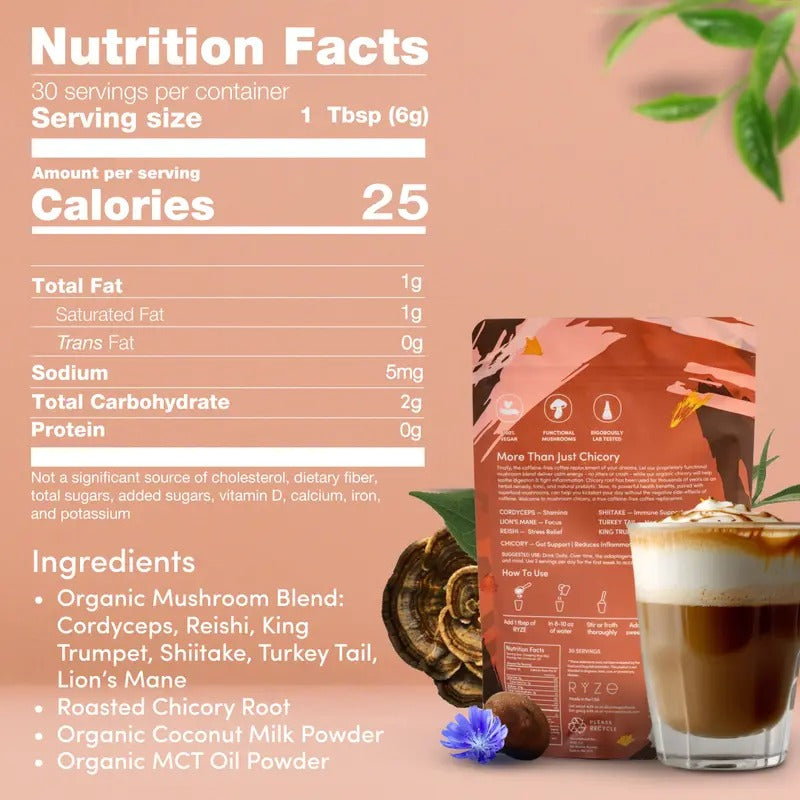 RYZE Mushroom Chicory Coffee – Caffeine-Free Organic Coffee Alternative with 6 Adaptogenic Mushrooms – Keto-Friendly for Energy, Focus & Gut Health – 30 Servings