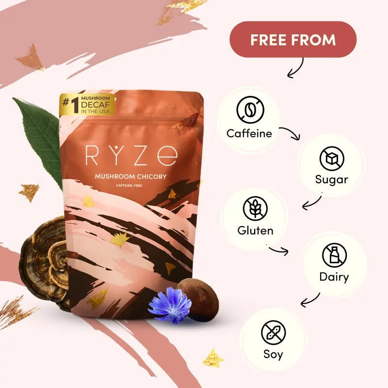 RYZE Mushroom Chicory Coffee – Caffeine-Free Organic Coffee Alternative with 6 Adaptogenic Mushrooms – Keto-Friendly for Energy, Focus & Gut Health – 30 Servings
