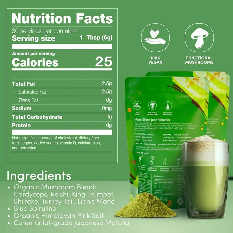 RYZE Mushroom Matcha Starter Kit – USDA Organic, 6 Adaptogenic Mushrooms & Ceremonial-Grade Japanese Matcha | Energy, Focus, Digestion & Immunity, 60 Servings