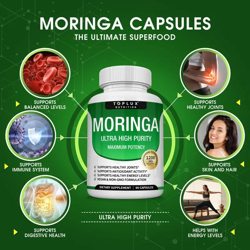 Toplux Moringa Capsules 1200mg – Pure Moringa Powder for Immune, Gut Health & Detox – 90 Capsules
