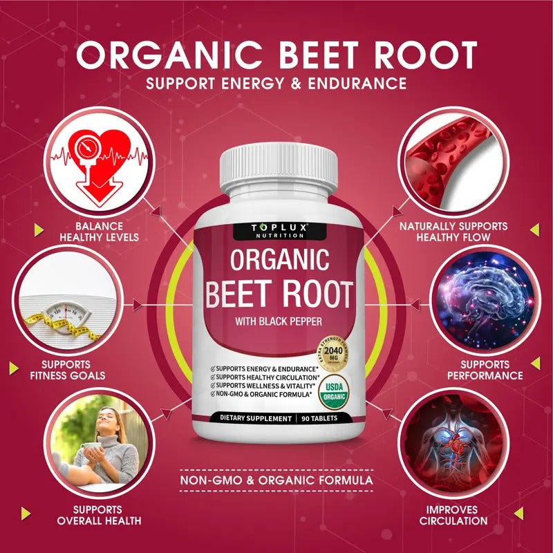 Toplux Organic Beet Root Tablets 2040mg - Nitric Oxide Booster for Heart Health, Energy & Performance - 90 Vegan Tablets