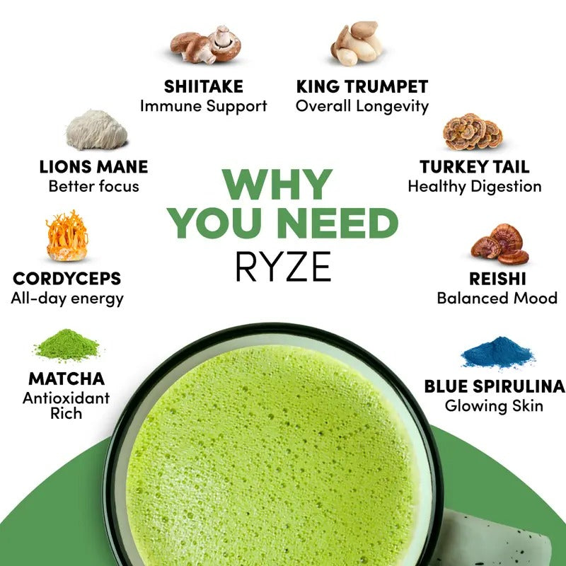RYZE Mushroom Matcha, USDA Organic with 6 Adaptogenic Mushrooms and Ceremonial-Grade Japanese Matcha for Energy, Focus, Digestion, Immunity with Turkey Tail, Shiitake, Lion's Mane, Reishi, 30 servings