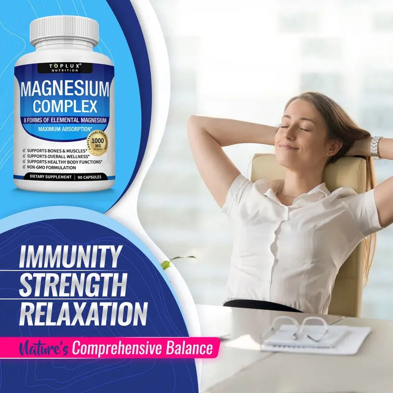 Toplux Magnesium Complex 1000mg – 8 Essential Magnesium Types for Muscle Health, Stress Relief, and Bone Support