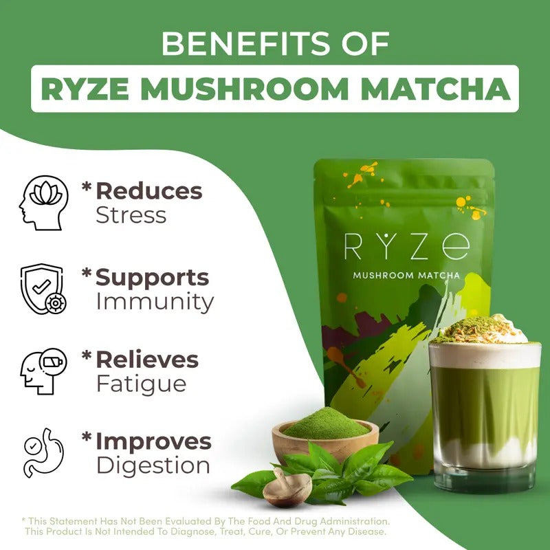 RYZE Mushroom Matcha, USDA Organic with 6 Adaptogenic Mushrooms and Ceremonial-Grade Japanese Matcha for Energy, Focus, Digestion, Immunity with Turkey Tail, Shiitake, Lion's Mane, Reishi, 30 servings