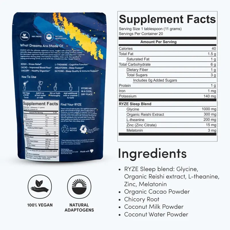 RYZE Mushroom Hot Cocoa with Melatonin – Sleep Support Supplement for Relaxation & Deep Rest