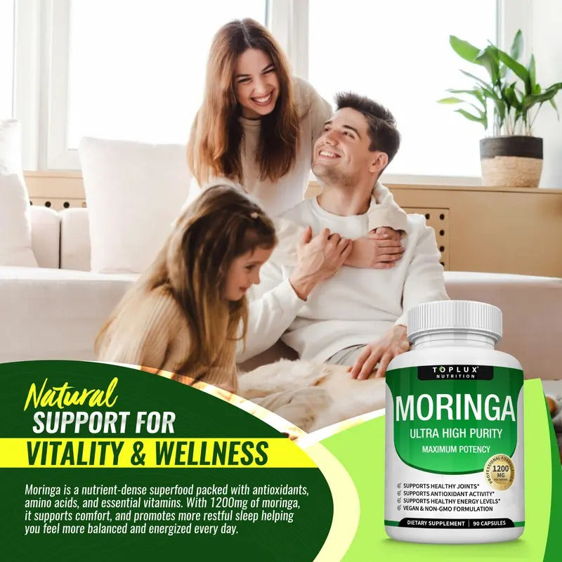 Toplux Moringa Capsules 1200mg – Pure Moringa Powder for Immune, Gut Health & Detox – 90 Capsules