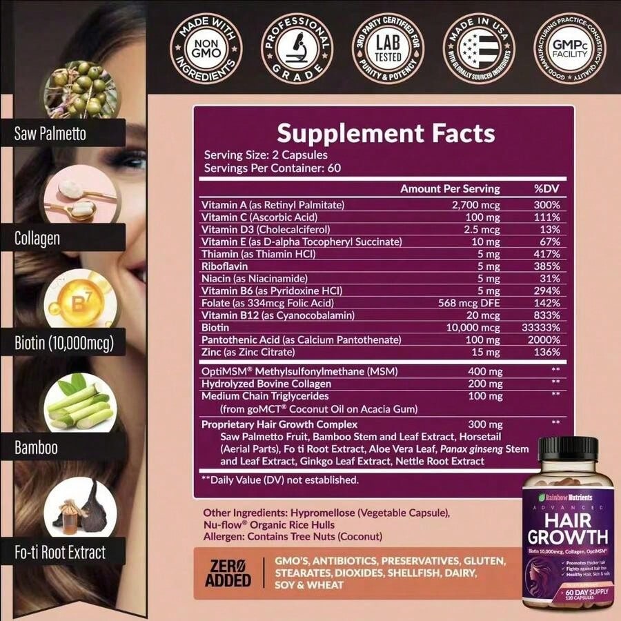 Miriyalyad 24-In-1 Advanced Hair Growth Vitamins Biotin 10,000mc9,Collagen,Patented OptiMSM, GoMCT,Saw Palmetto Naturally Regrow Stronger & Healthier Hair, Skin And Nails Stops Hair Loss 60 Day Supply