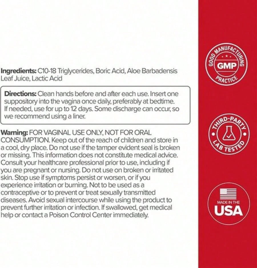 O Boric Acid Vaginal Suppository W/ Lactic Acid & Aloe For Vaginal Odor, 12 Ct