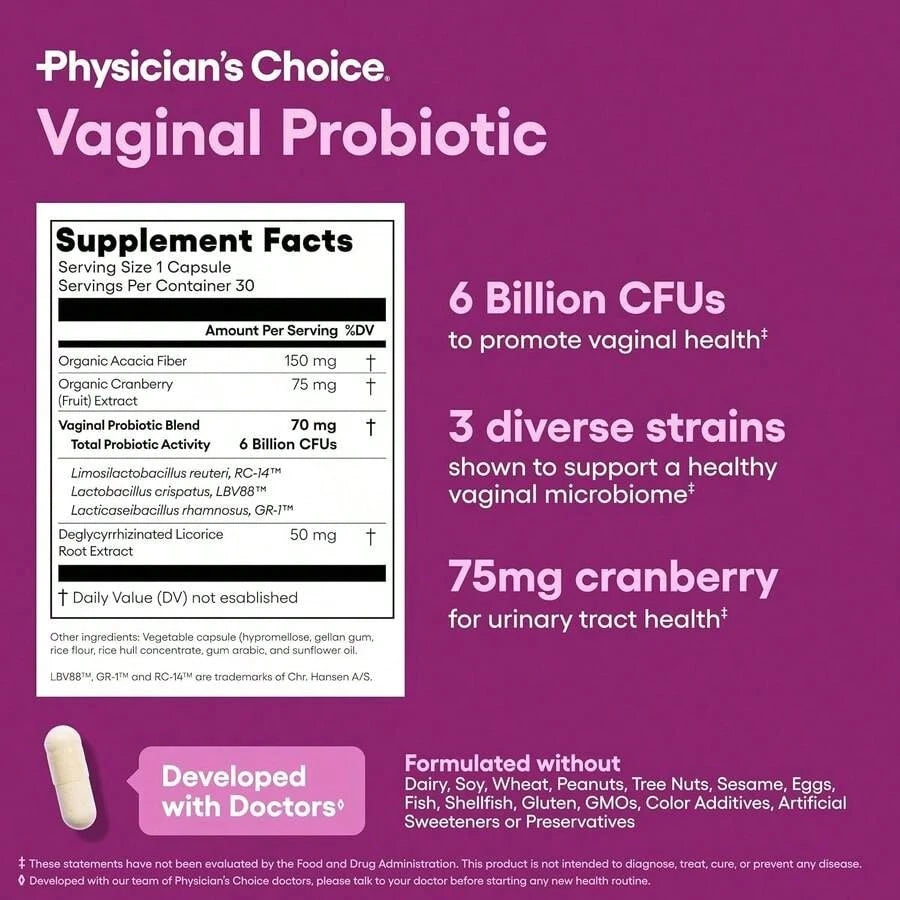 Physician's CHOICE Probiotics For Women - PH Balance, Odor Control, Yeast Balance, Flora & Feminine Health - 6B CFU With Organic Prebiotics And Cranberry Extract - 30 CT