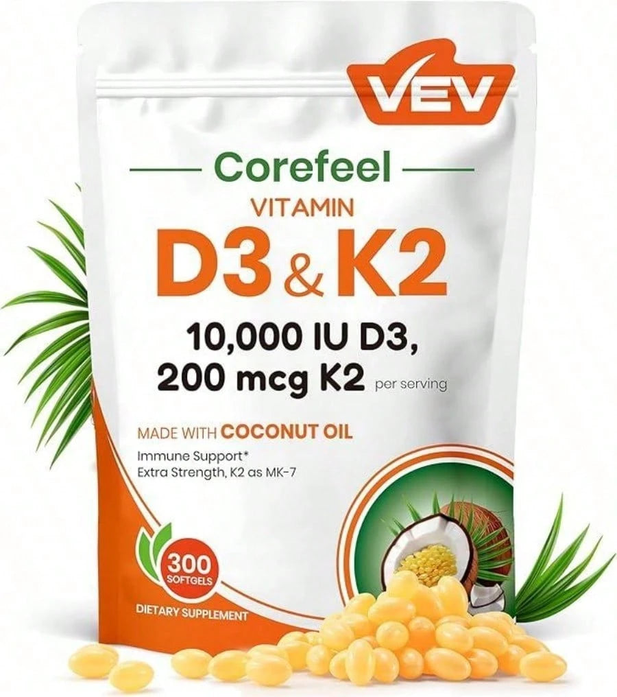 VEV Vitamin D3 K2 10000 , 300 Virgin Coconut Oil Softgels, 2 In 1 Vitamins Supplement D & K, Dietary Supplemental Pack, Free Shipping, Daily Health Care, For Women