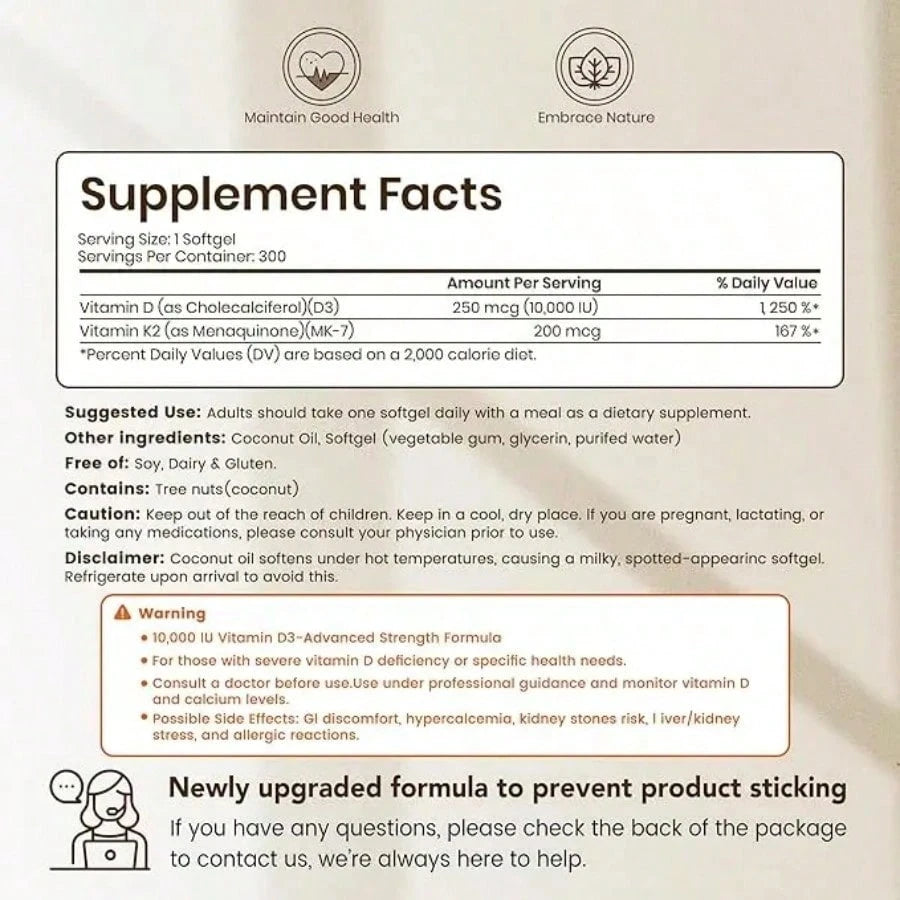VEV Vitamin D3 K2 10000 , 300 Virgin Coconut Oil Softgels, 2 In 1 Vitamins Supplement D & K, Dietary Supplemental Pack, Free Shipping, Daily Health Care, For Women