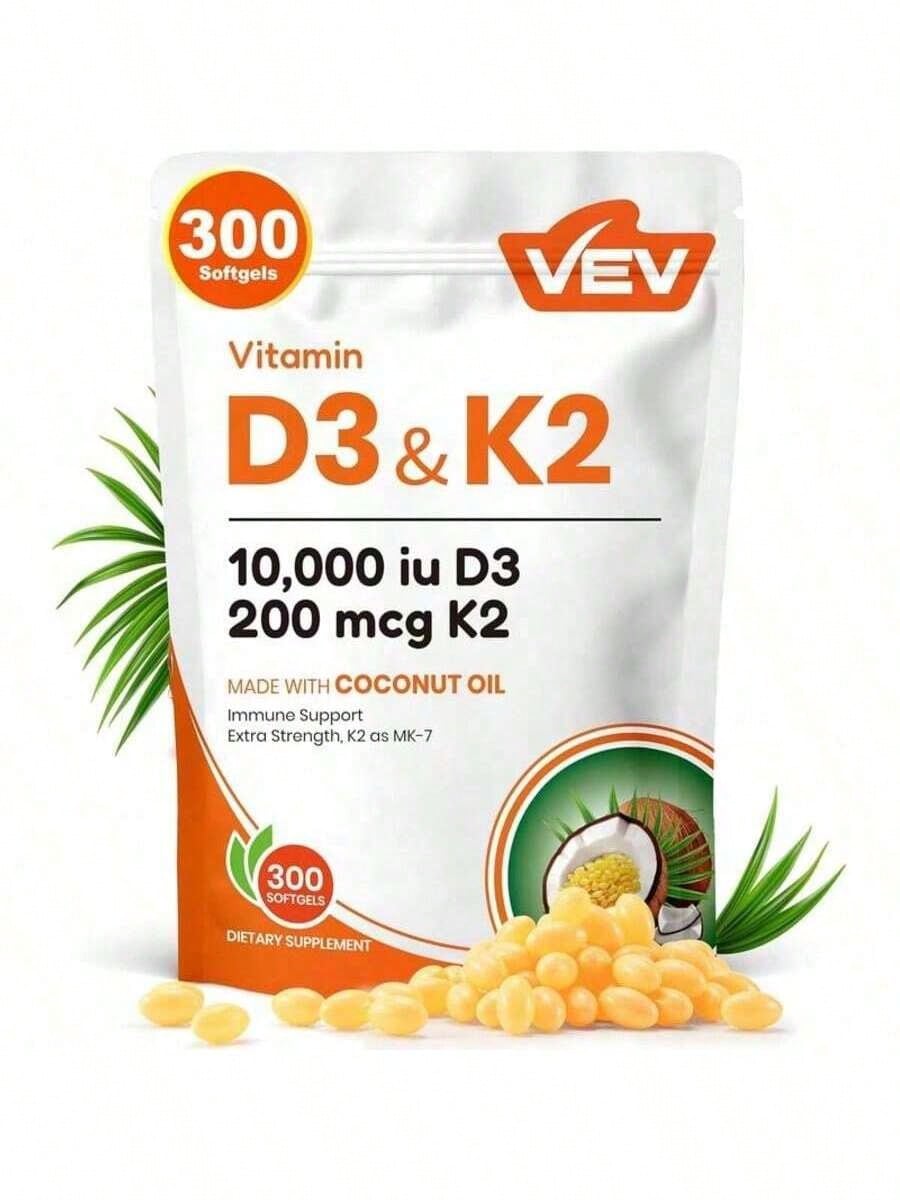 VEV Vitamin D3 K2 10000 , 300 Virgin Coconut Oil Softgels, 2 In 1 Vitamins Supplement D & K, Dietary Supplemental Pack, Free Shipping, Daily Health Care, For Women