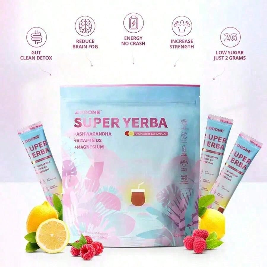 Zooone Super Yerba | Yerba Mate Instant Tea Powder I RASPBERRY LEMONADE Flavor | 30 Servings