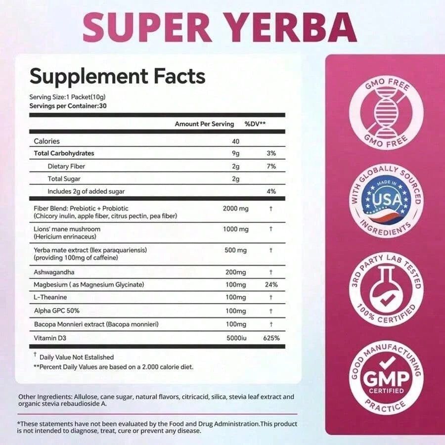Zooone Super Yerba | Yerba Mate Instant Tea Powder I RASPBERRY LEMONADE Flavor | 30 Servings