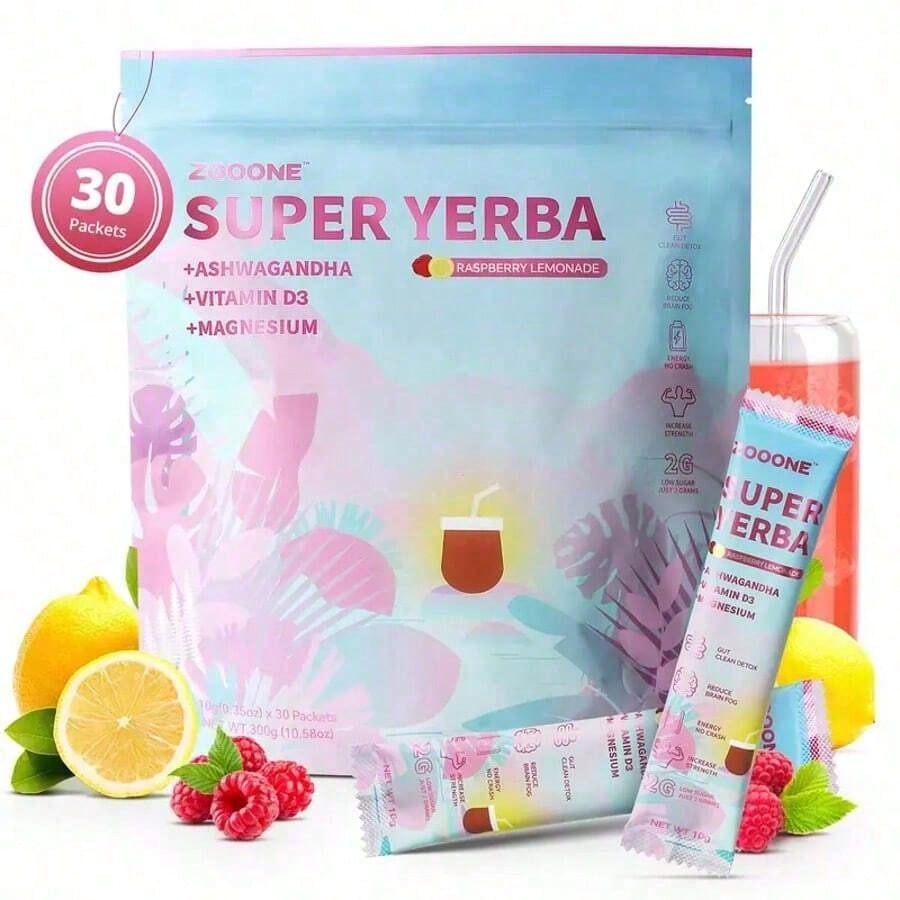 Zooone Super Yerba | Yerba Mate Instant Tea Powder I RASPBERRY LEMONADE Flavor | 30 Servings