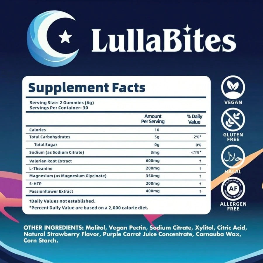 LullaBites Natural Sleep Gummies - 30 Servings -Sweet Strawberry Stars (Melatonin Free)