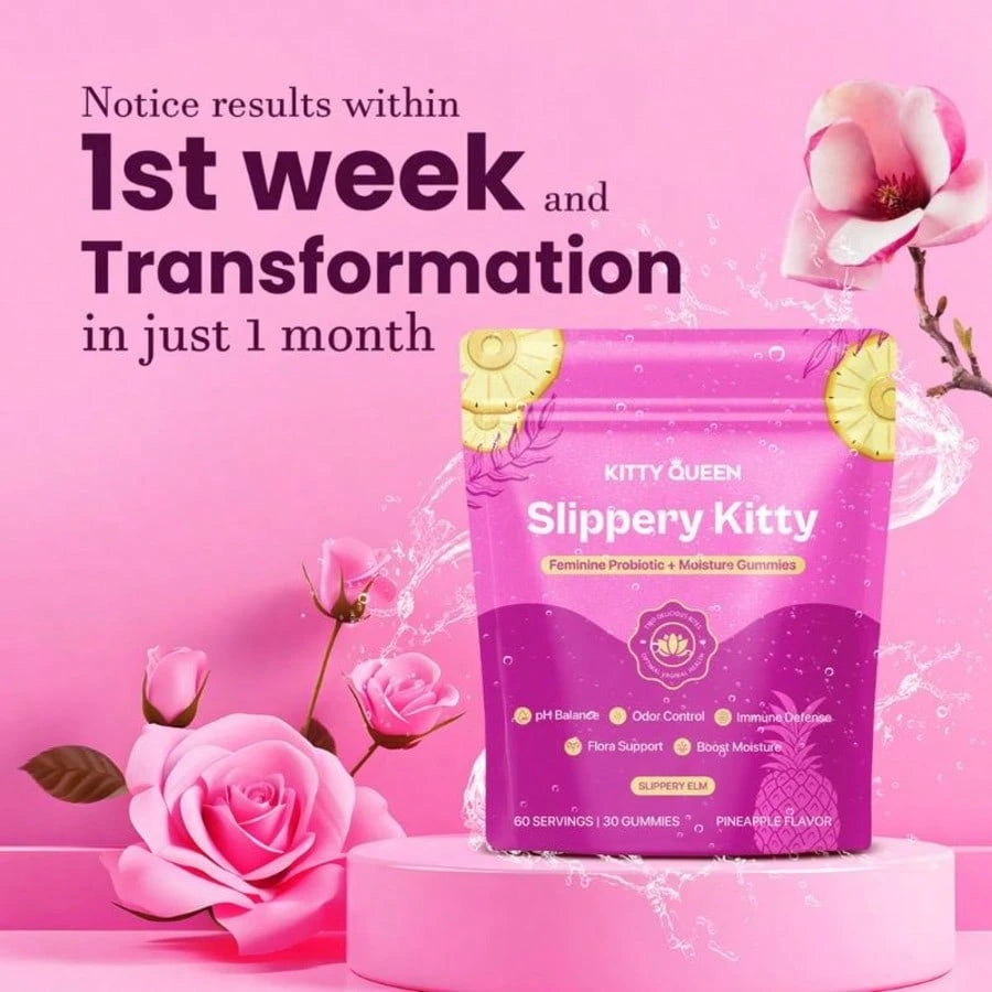Slippery Kitty Feminine Probiotic + Moisture Gummies - All In One Solution With Slippery Elm 60 Count Pineapple Flavor