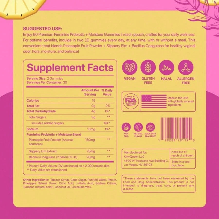 Slippery Kitty Feminine Probiotic + Moisture Gummies - All In One Solution With Slippery Elm 60 Count Pineapple Flavor