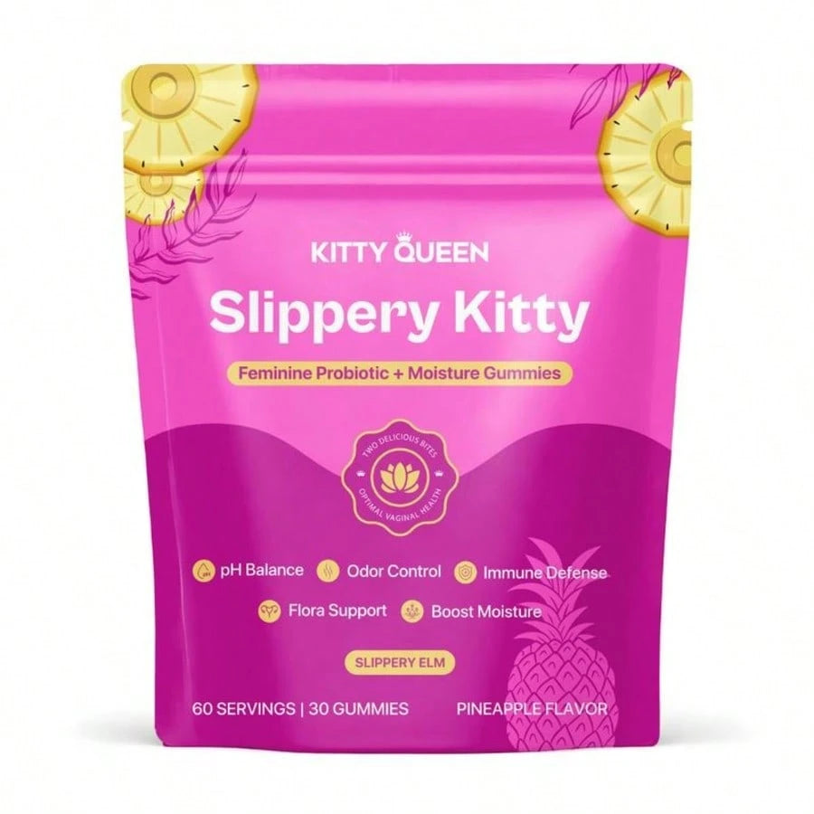 Slippery Kitty Feminine Probiotic + Moisture Gummies - All In One Solution With Slippery Elm 60 Count Pineapple Flavor