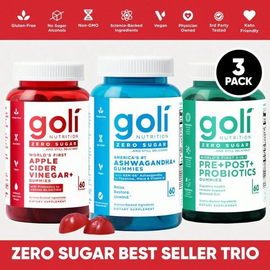 Zero Sugar Best Seller Trio - World's First 3-In-1 Pre, Post, Probiotic, Apple Cider Vinegar With Vitamin B12 And Probiotics To Address Bloating, Ashwagandha & L-Theanine, Vitamin D Gummies. Gluten-Free, Vegan, Non-GMO & Gelatin-Free