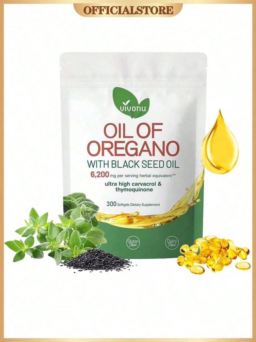 Vivonu Oil Of Oregano With Black Seed Oil Softgels | 6200mg Herbal Equivalent Per Serving | Ultra High Carvacrol & Thymoquinone | 300 Softgels | Gluten & Dairy Free